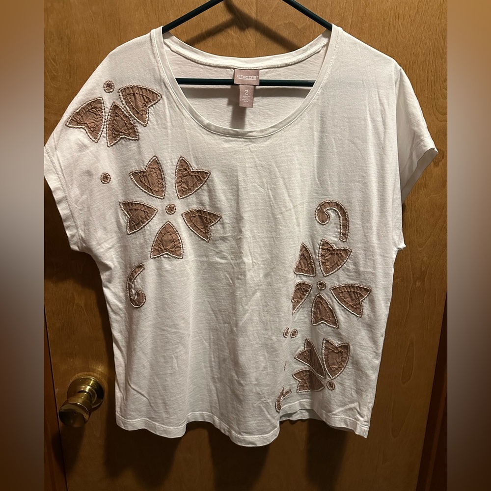 Chico's White Top with Brown Embroidery Size L